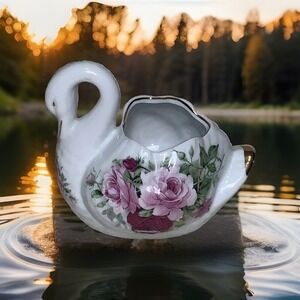 Baum Brothers Formalities Porcelain Swan Figurine Vase Planter Red Pink Roses